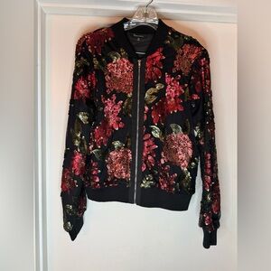 The Clothing Company Black Bomber Jacket with Red Floral Sequins UNIQUE🌺
